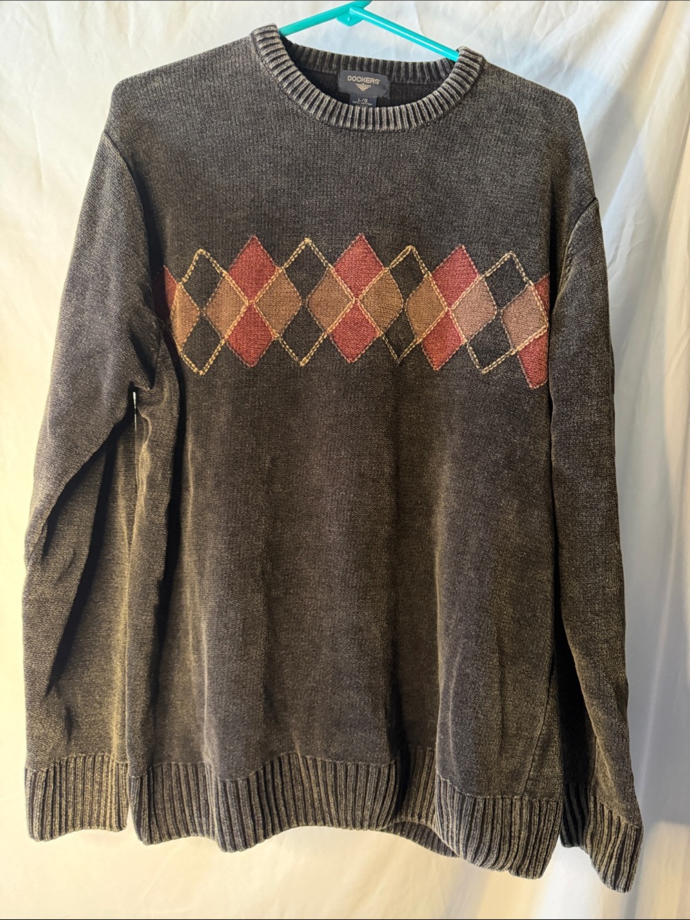 Dockers Men's Gray Crewneck Sweater with Rust and Tan Argyle